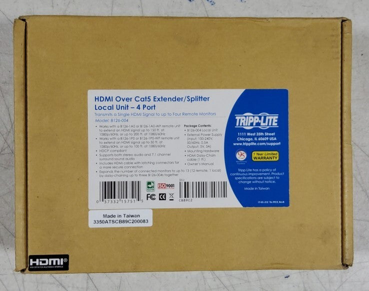 4-Port HDMI over Cat5/6 Extender/Splitter, Video/Audio Transmitter, 150 ft