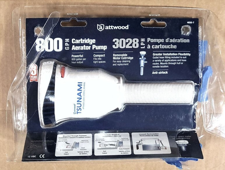 Attwood Tsunami Aerator Pump, 800 GPH, 12-Volt, 3 ½" Inlet, ¾" Outlet, 29" Wire