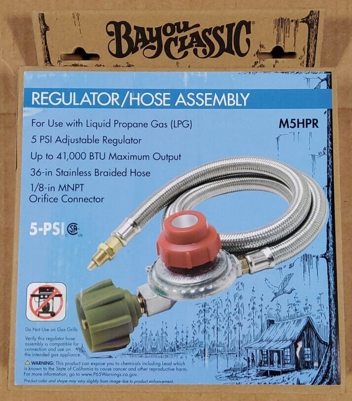 Bayou 0-5 psi HI Pressure LPG Adjustable Regulator w/ 36" Stainless Hose M5HPR