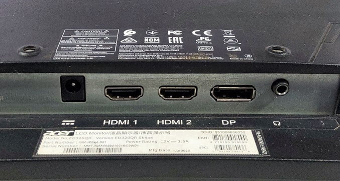 Acer ED320QR S3biipx 31.5" Full HD Curved Monitor - MISSING THE POWER CORD