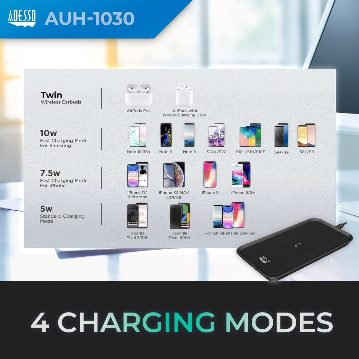 Adesso Max Qi-Certified 3-Coil Wireless Charging Pad