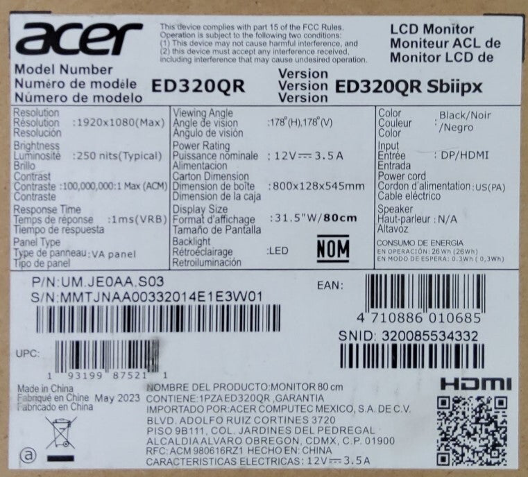 Acer ED320QR S3biipx 31.5" Full HD Curved Monitor - MISSING THE POWER CORD