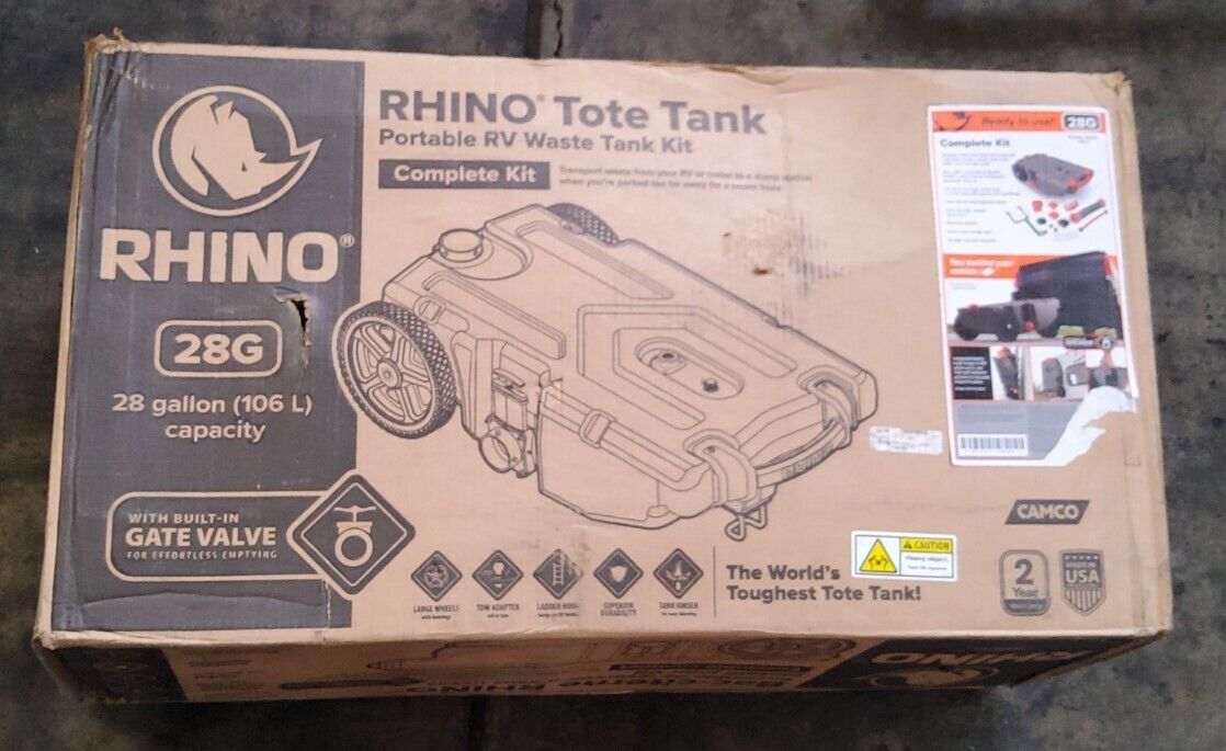 Camco Rhino 28-Gallon Portable RV Tote Tank - Oversized Wheels, Steel Tow Adapte